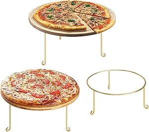 MyGift Modern Brass Metal Wire Round Pizza Pan Riser Display Racks, Set of 3