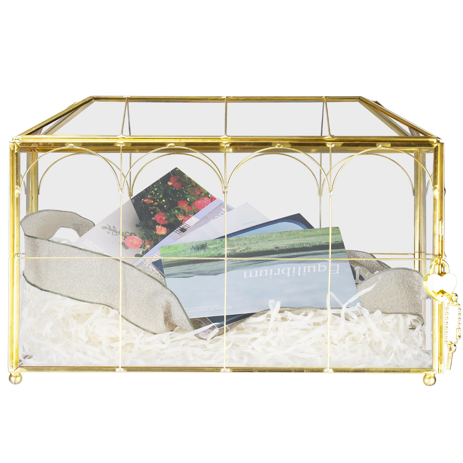 Photo 1 of HighFree Glass Wedding Card Box with Lock, Gold Clear Card Box, Decorative Gift Card Box for Baby Shower, Birthday Party, Bridal Shower (With Arch, Large)
