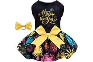 CuteBone Happy New Year Dog Dresses Velvet Holiday Small Dogs Clothes Onesie Pet Apparel Girl Puppy Skirt with Bow Hair Rope CVA56XS-D