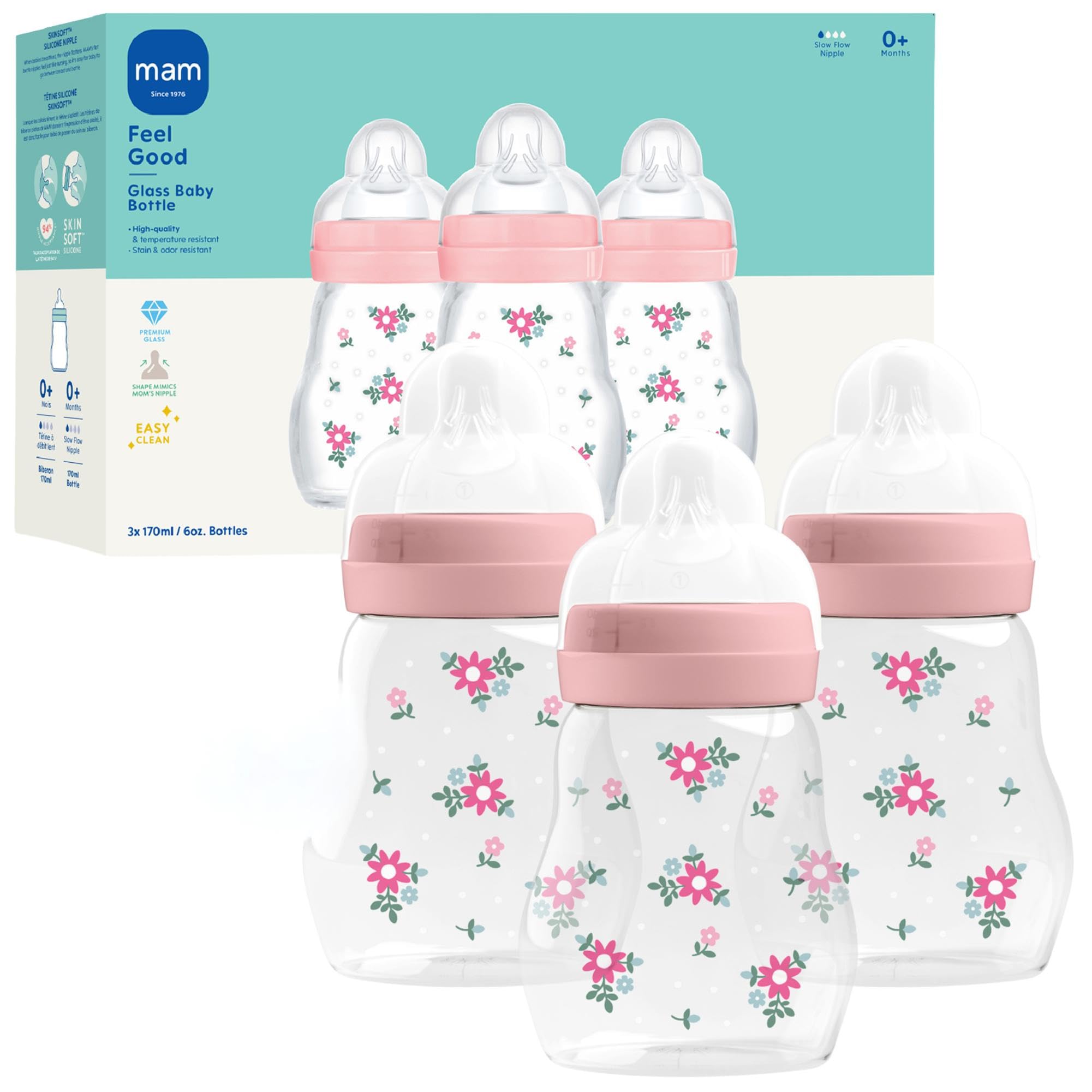 Photo 1 of **MISSING 2 BOTTLES**
MAM Premium Glass Baby Bottles, Easy Switch Between Breast and Bottle, Feel Good Slow Flow, Newborn Essentials Must Have, 0+ Months, BPA Free, 6oz, Girl, 3 Pack