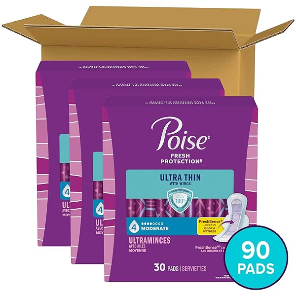 POISE ULTRA THIN INCONTINENCE & POSTPARTUM PADS WITH WINGS FOR BLADDER LEAKS, 4 DROP MODERATE ABSORBENCY, REGULAR LENGTH, 90 COUNT, PACKAGING MAY VARY