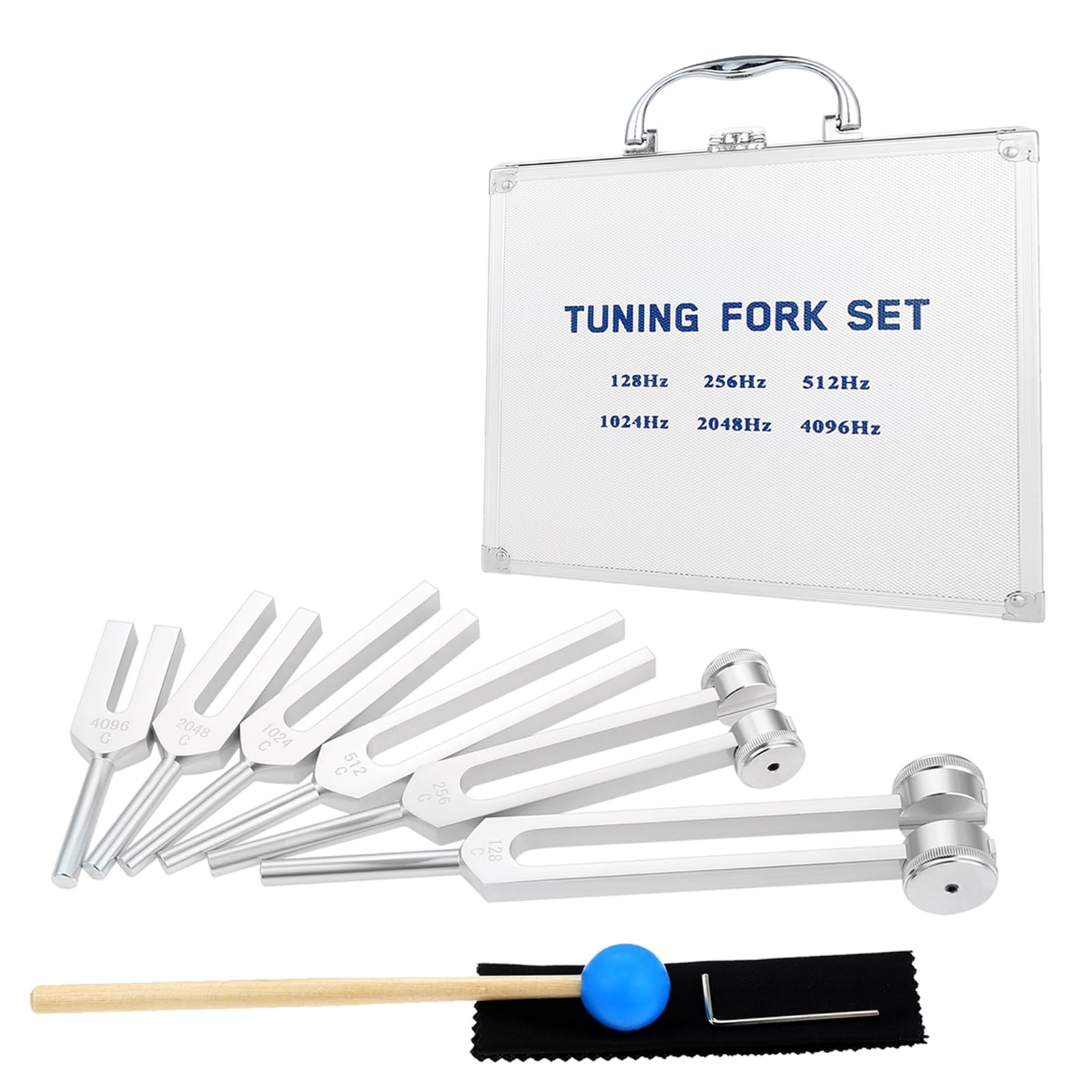 DRELD DNA Repair Tuning Fork Set of 6-128, 256, 512, 1024, 2048, 4096HZ Tuner for Healing, Musical Instruments, Sound Therapy and Meditation with Exquisite Aluminium Gift Box, Silicone Hammer