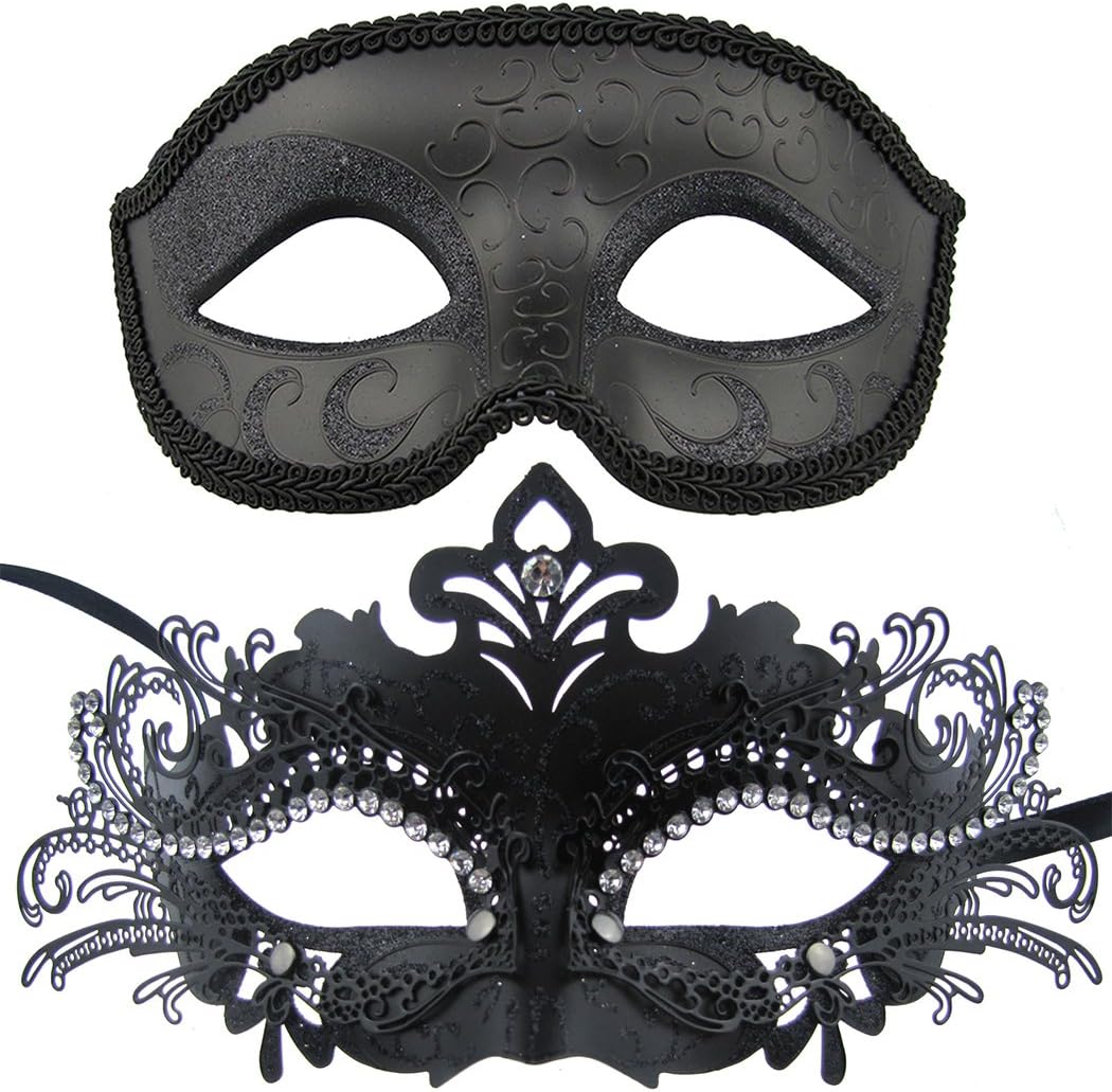 Couple Masquerade Metal Masks Venetian Halloween Costume Mask Mardi Gras Mask (Black-8)