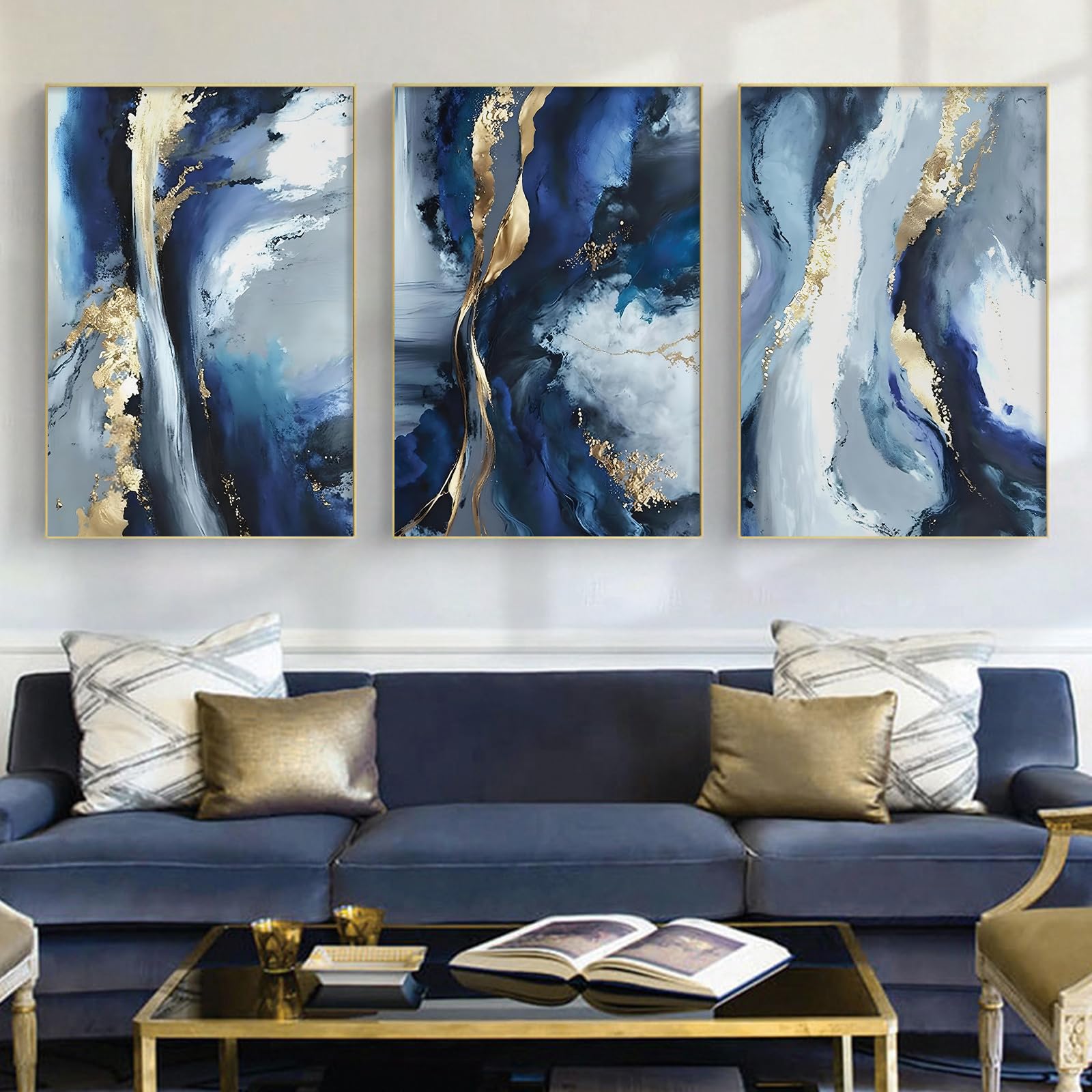 Photo 1 of Blue Gold Abstract Wall Art Blue and White Abstract Prints Blue Yellow Abstract Art Blue White and Gold Canvas Painting Navy Blue Modern Artwork Blue Gold Pictures Wall Decor 16x24inx3PCS No Frame