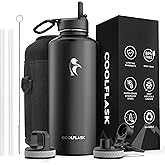 Insulated Water Bottle 87 oz with Straw, Coolflask 2/3 Gallon Stainless Steel Metal 3 Lids Large Water Jug for Sports or Office, Non-BPA Keep Cold Up to 48 Hrs or Hot Up to 24 Hrs, Magic Black