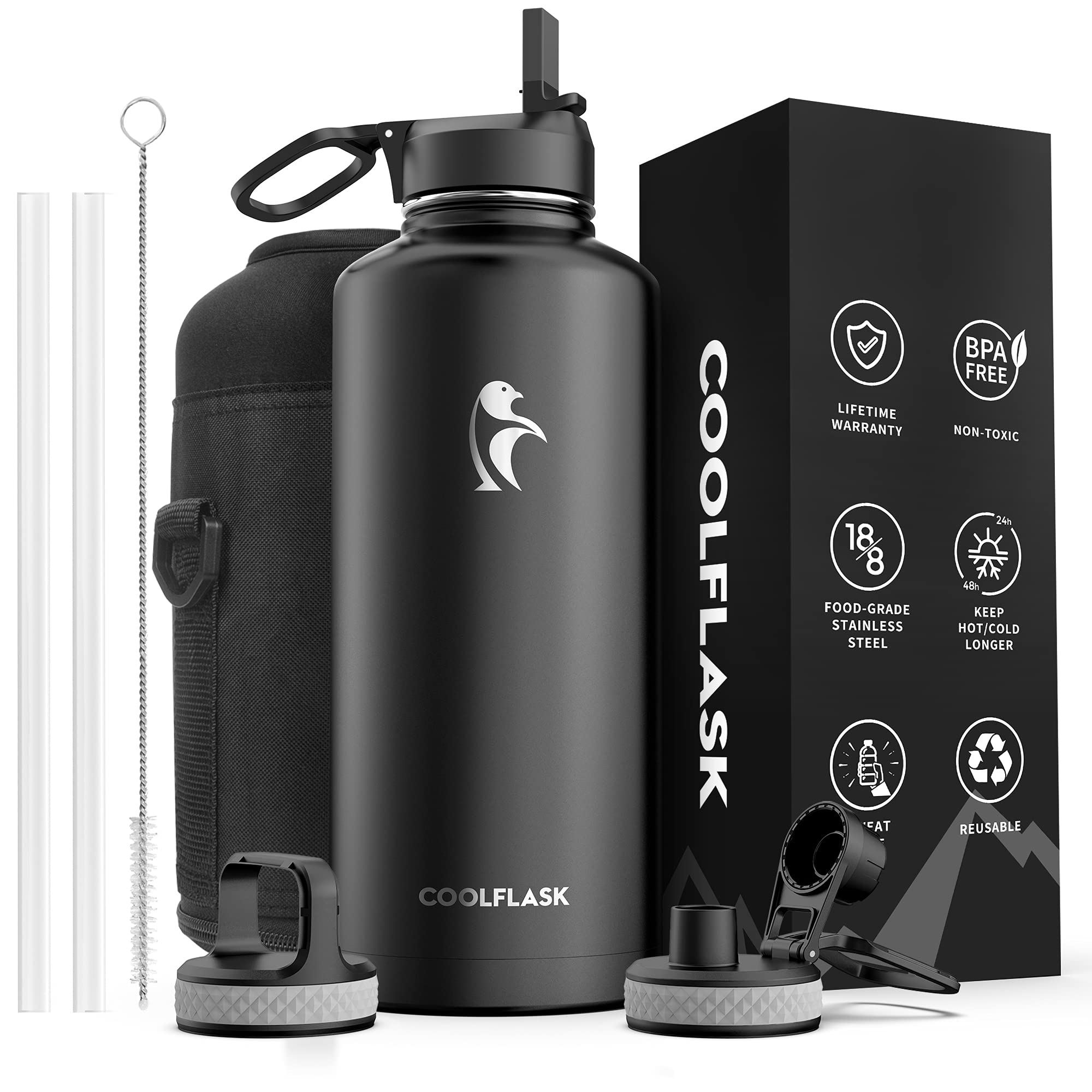 Photo 1 of Insulated Water Bottle 87 oz with Straw, Coolflask 2/3 Gallon Stainless Steel Metal 3 Lids Large Water Jug for Sports or Office, Non-BPA Keep Cold Up to 48 Hrs or Hot Up to 24 Hrs, Magic Black