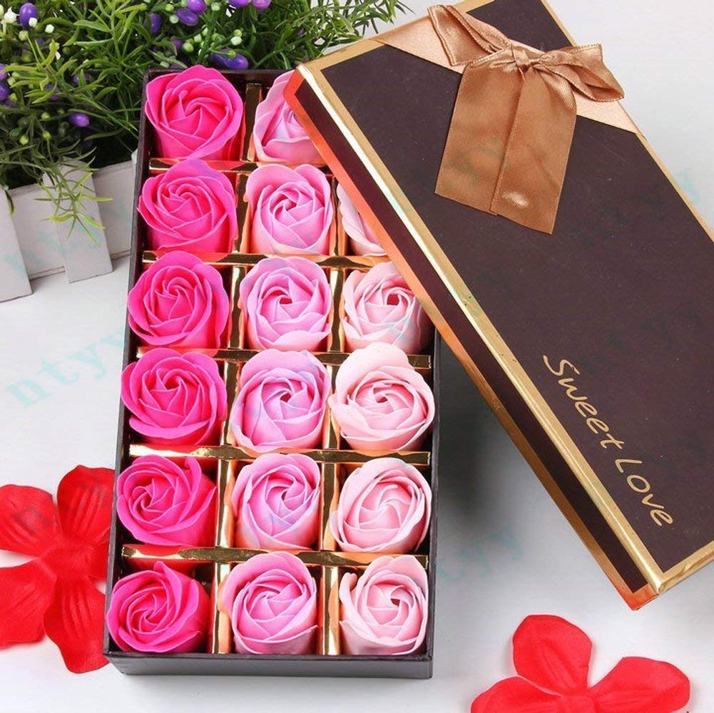 Bath Soap Rose Flower Floral Scented Soap Rose Petals Body Soap in Gift Box for Valentine's Day Anniversary Mother's Day Birthday (18 Pcs/Box Gradient Pink) : Beauty