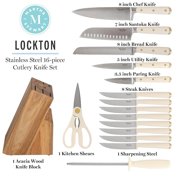 MARTHA STEWART KNIFE BLOCK SET 16-PIECE – LOCKTON HIGH CARBON STAINLESS STEEL FORGED FULL TANG CHEF KNIVES, ACACIA WOOD BLOCK, TRIPLE RIVETED HANDLES, LINEN WHITE & GOLD