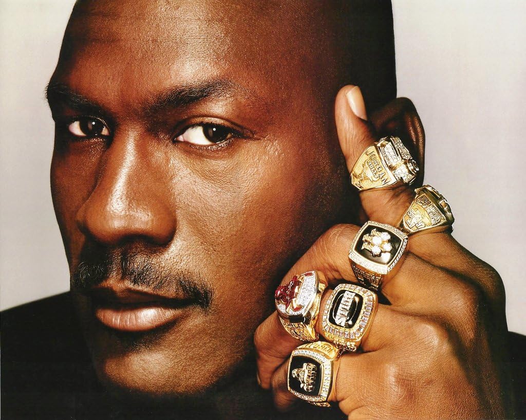 Basketball Michael Jordan with All 6 of his Championship Rings - 11"x14" Photo, Mounted in 16"x20" Double Matt and Framed with Plexi Glass