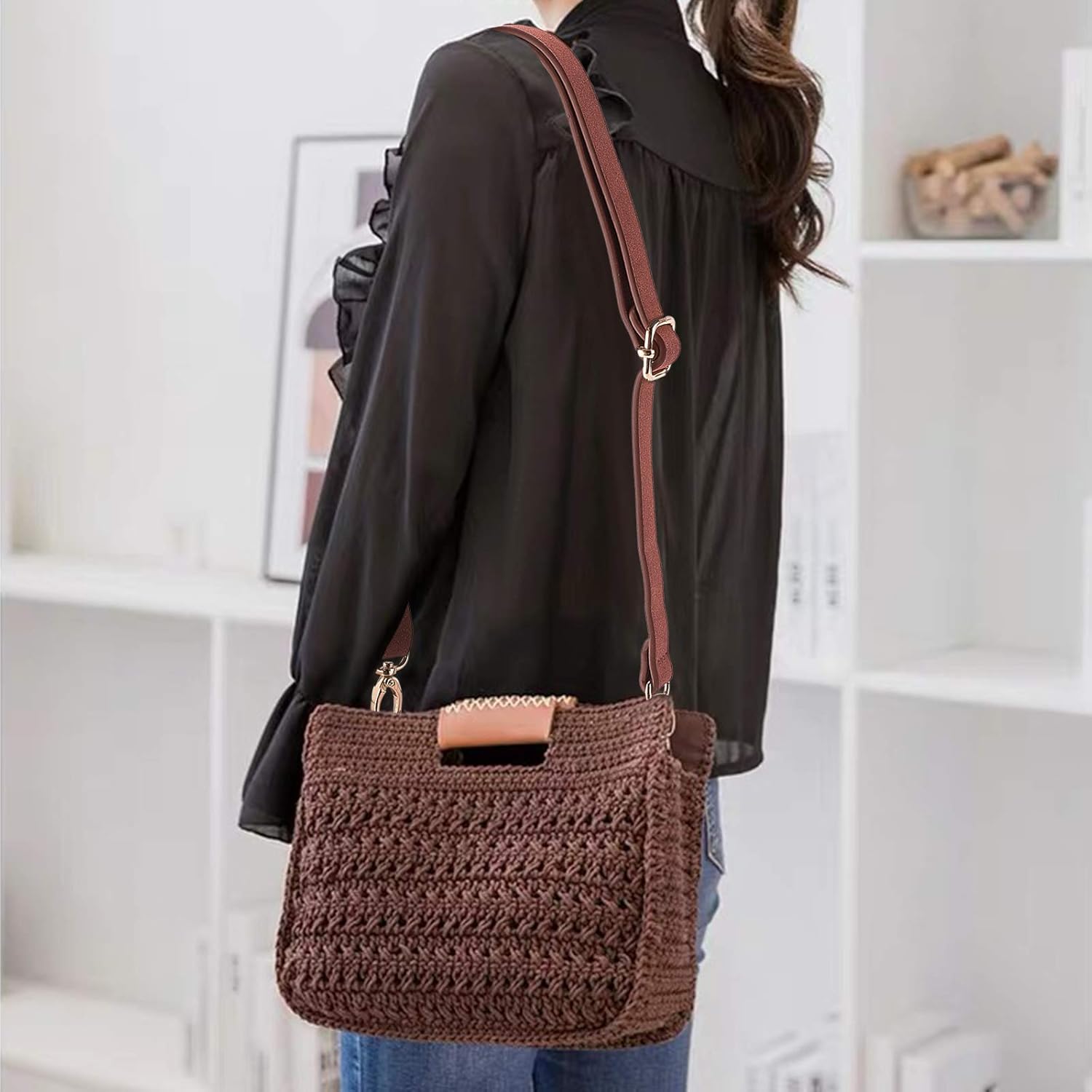 PandaHall DIY PU Leather Bag Knitting Set, Leather Bag Bottom/Shoulder Strap/Bag Twist Lock/Flap Cover/Bag Buckles, Brown（7 Kinds of Accessories）
