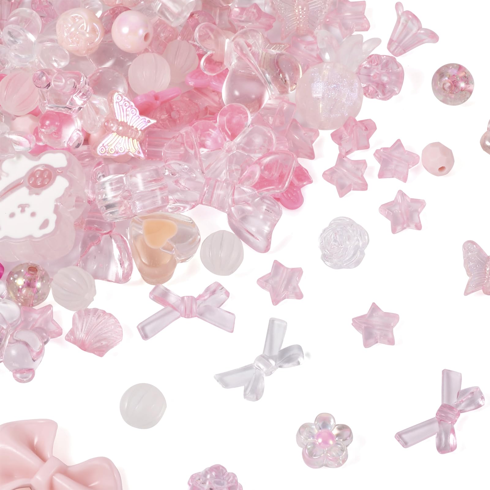PandaHall 100g Assorted Acrylic Beads Pink Heart Bow Bear Flower Loose Beads Cute Round Craft Beads Bulk for Bracelet Necklace Jewelry Making
