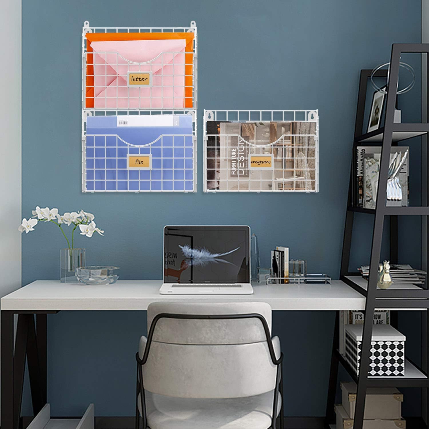 Stackable Hanging Wall Files Rack&3-Tier Metal Folder Wall File Holder with Tag Slot Mounts on Wall and Door for Office, Home, and Work Easy Organizing, White(Patent Pending) : Office Products