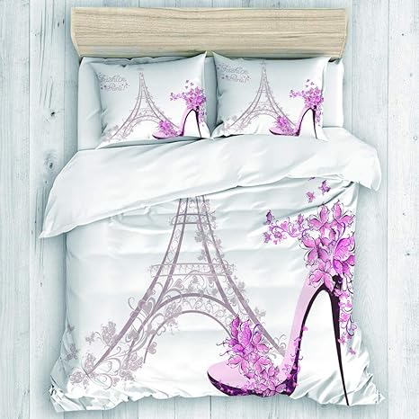 Amazon Com Motine Duvet Cover Sheet Set Pink France High Heeled Shoes On The Of Eiffel Tower Paris Butterfly Flower Soft Microfiber Bedding Set 3 Piece Set King Home Kitchen