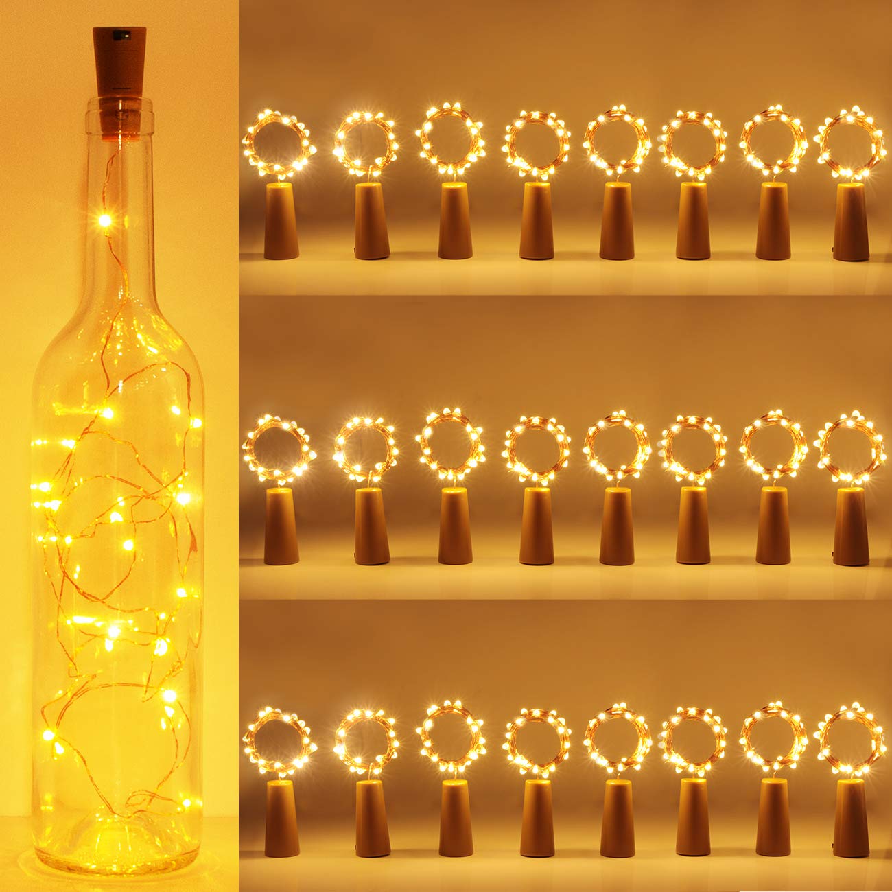 Kolpop 24 Pack Bottle Lights, Cork Lights for Wine Bottles, 2m 20 LED Copper Wire Fairy Lights for Parties Birthday Wedding Christmas DIY Table Centrepieces Indoor/Outdoor Decoration(Warm White)