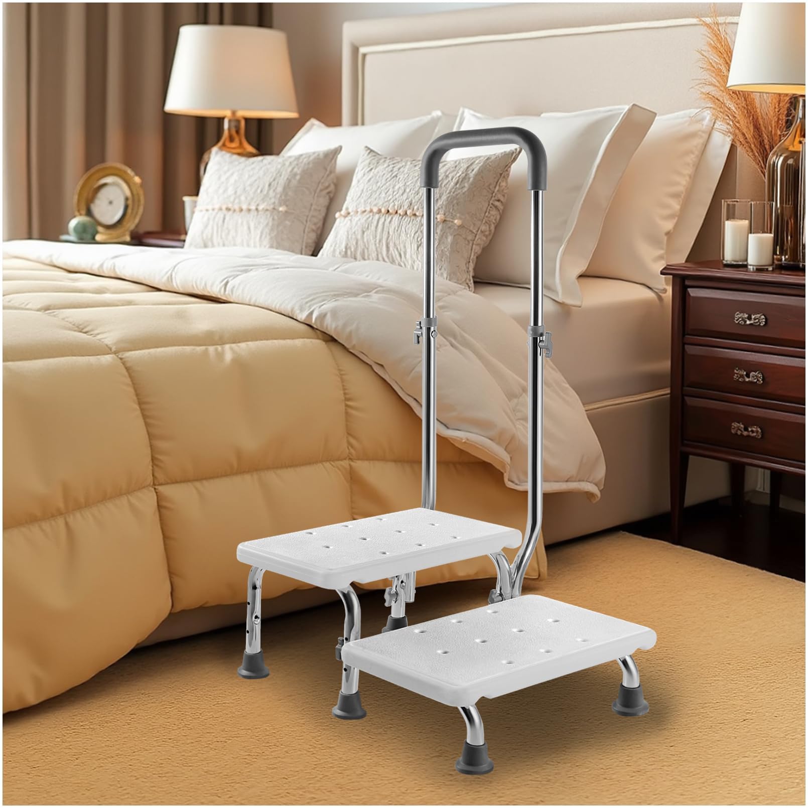 Photo 1 of 2 Step Stool with Handle for Elderly, Non-Slip Bedside Steps with Adjustable Handrail (450 lbs Capacity)