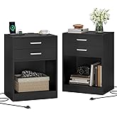 ADORNEVE Night Stand Set 2,Black Nightstand with Charging Station & Drawers,Night Stands for Bedrooms Set of 2,Bedside Table 