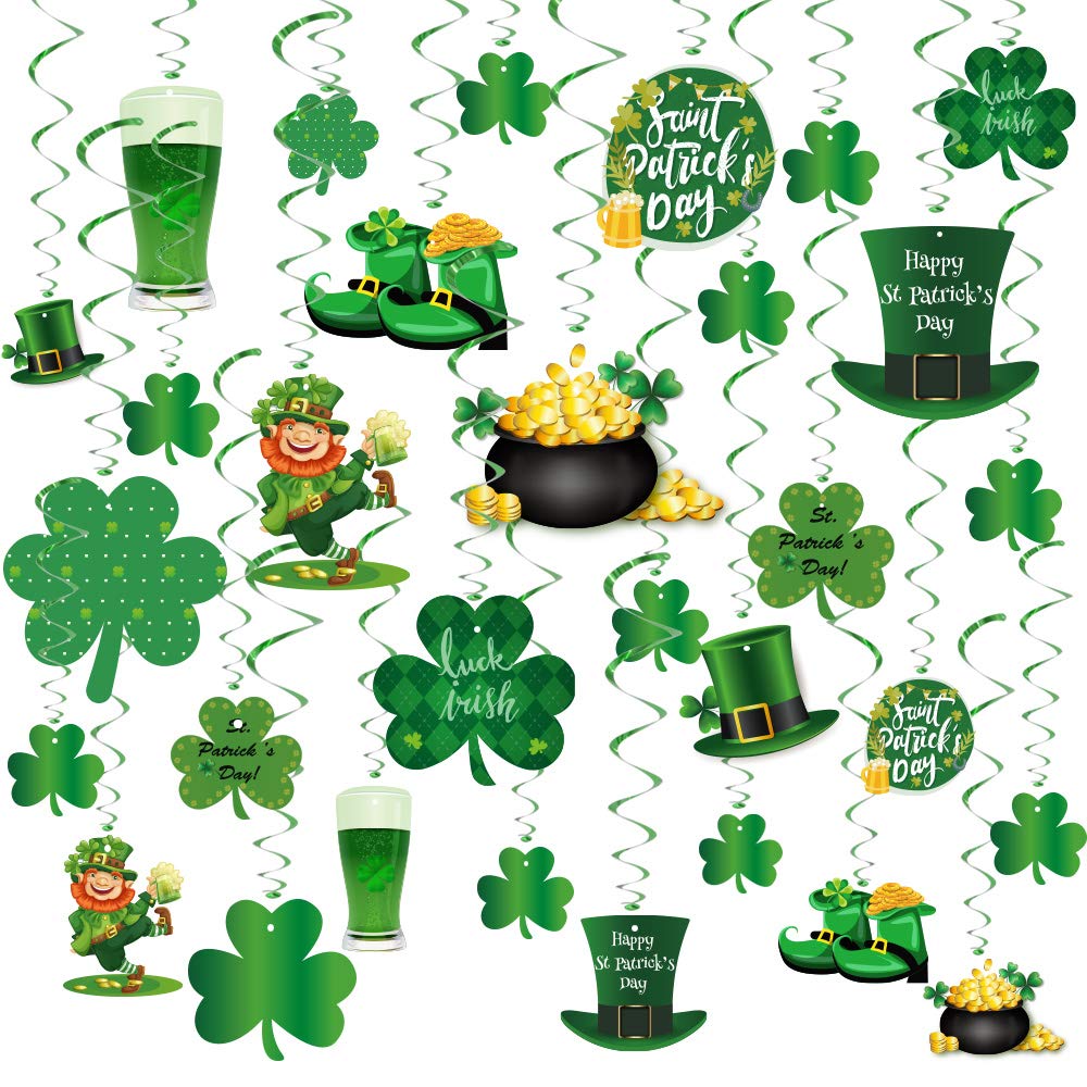 GOER St. Patrick's Day Party Decorations,30 Pcs Irish Shamrock St. Patrick's Day Hanging Swirls Party Supplies