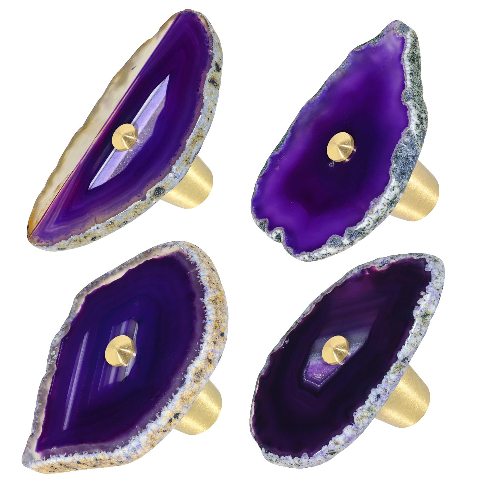 Mookaitedecor Set of 4 Purple Agate Crystal Drawer Knobs with Screws, Irregular Purple Crystal Stone Handles Pulls for Cupboard Cabinet Wardrobe Kitchen Unique Decorative Furniture Brass Knobs