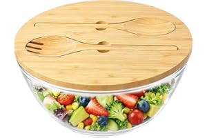 Glass Salad Bowl with Lid, 10.6 Inch Large Trifle Bowl Glass Fruit Bowl with Utensils, 4.7 Quart Large Capacity Serving Bowls