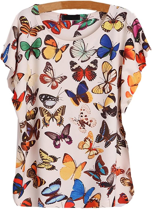 Iot Ltd Women's Tiger Print Loose Round Collar Batwing Sleeve Summer Top