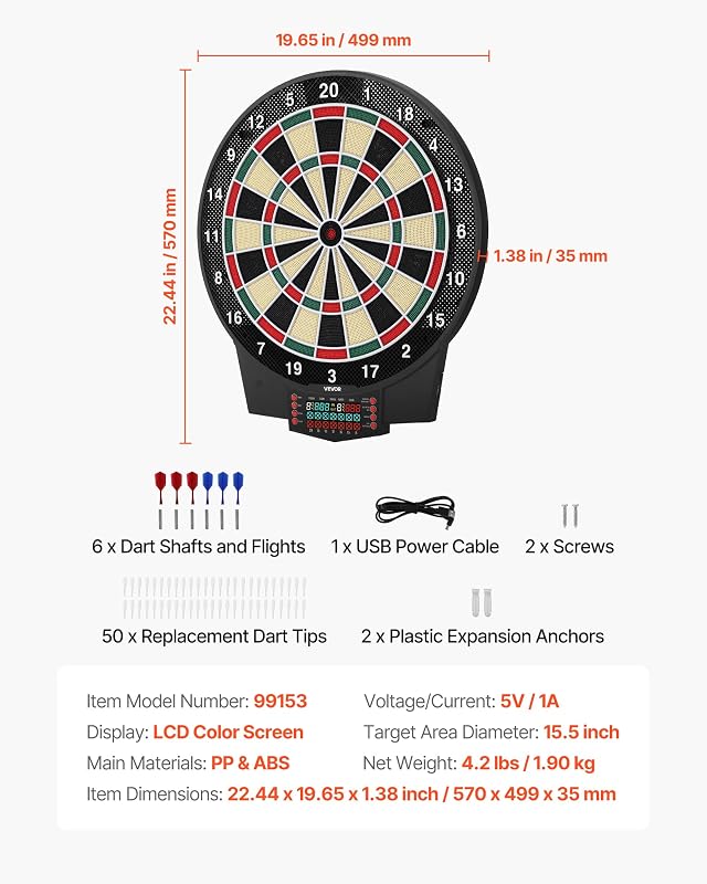 Cible de fléchettes électronique, 391 mm, Planche à fléchettes avec 43 Jeux et Plus de 320 Variantes pour jusqu'à 8 Joueurs, 6 tiges de fléchette avec ailettes et 50 Pointes, écran LCD Couleur
