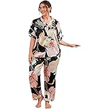 Milumia Women's Plus Size Satin Pajama Set Floral Printed Short Sleeve Loungewear