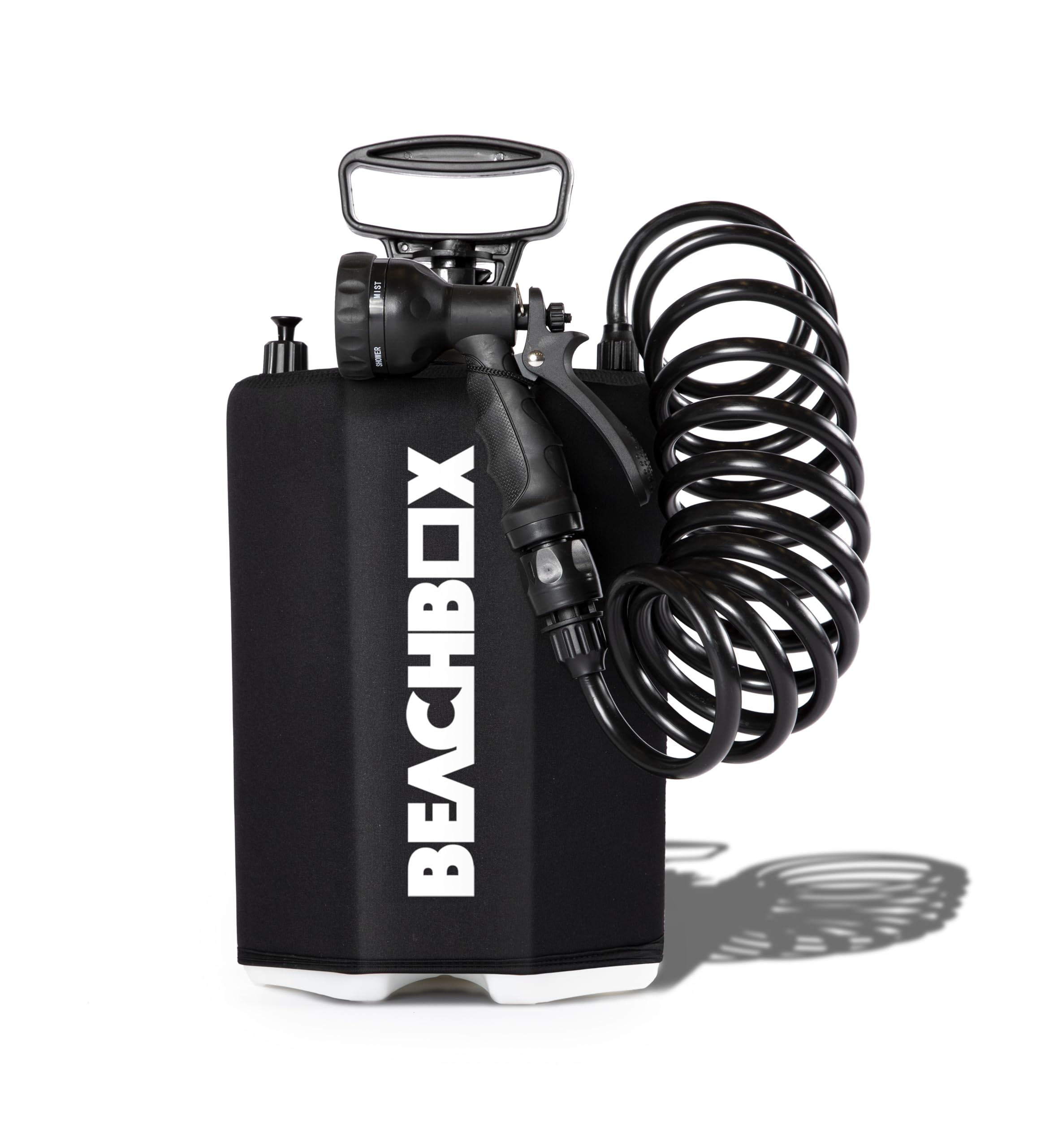Photo 1 of BeachBox 5?L Portable Shower for Camping with 5-Mode Spray Gun | Hand Pump (40–50 PSI), Neoprene-Insulated 7?ft Hose, Screw-Top Lid & Valve | Outdoor Portable Camp Shower (Black)