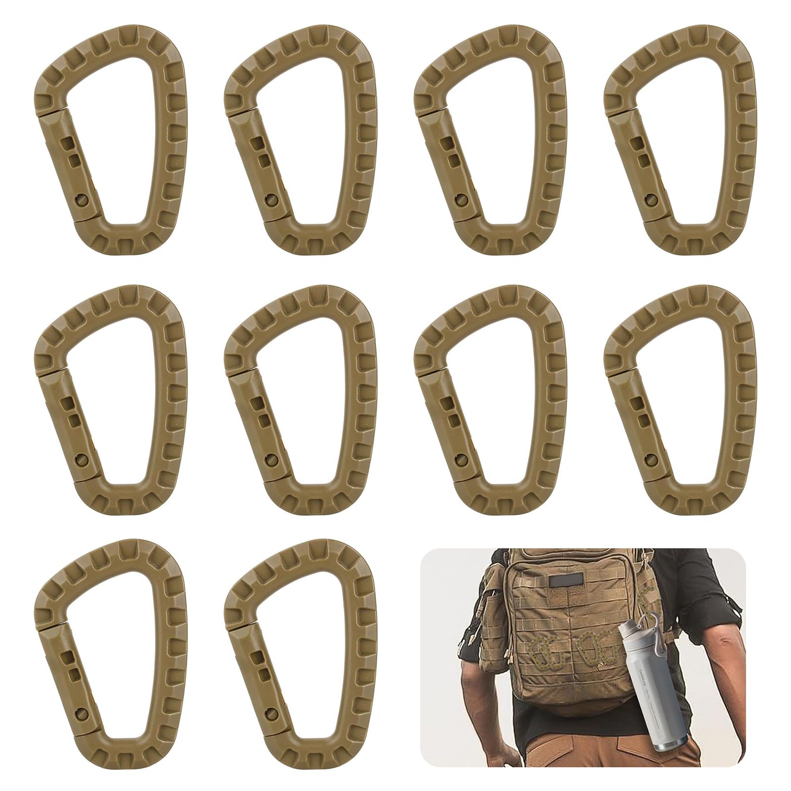 MisFun Pack of 10 D-Shape Plastic Carabiners, Auto-locking, Khaki, 84x56x7mm, 60kg Max Load, Ideal for Camping, Hiking, Fishing, Gym, Backpack, Outdoor Use