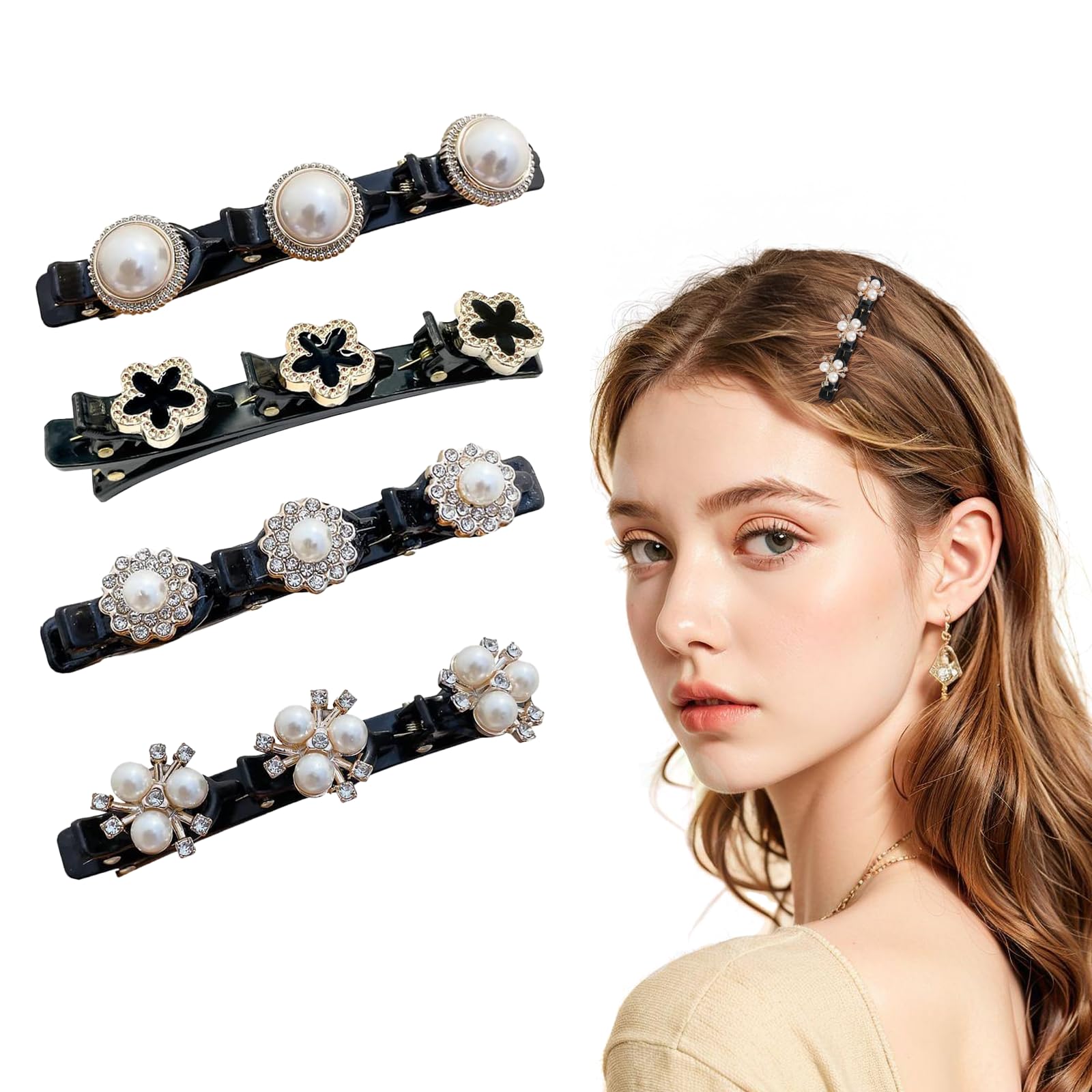 Pack of 4 Pearl Sparkling Hair Clips, Hummingbird Hair Clip with 3 Clips, Hair Clip with Crystal Flower for Women, Girls, Children