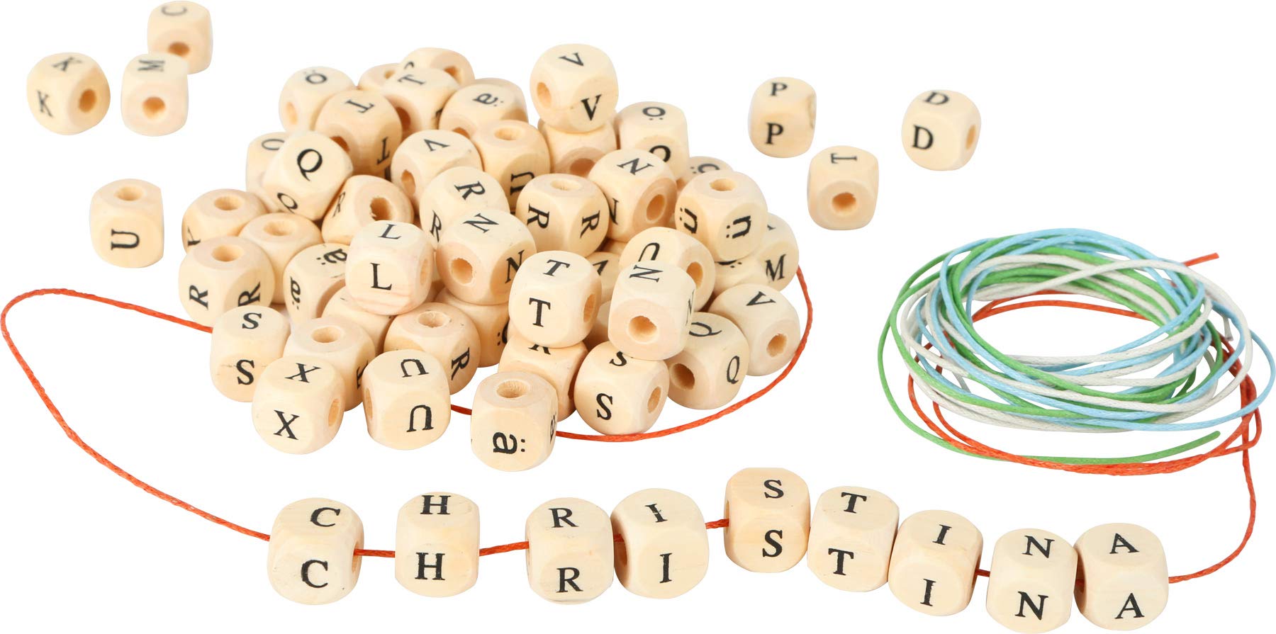 small foot 7553 Threading Game Jewellery Hobby Set, 300 letter beads of wood with ribbons for threading, from 3 years