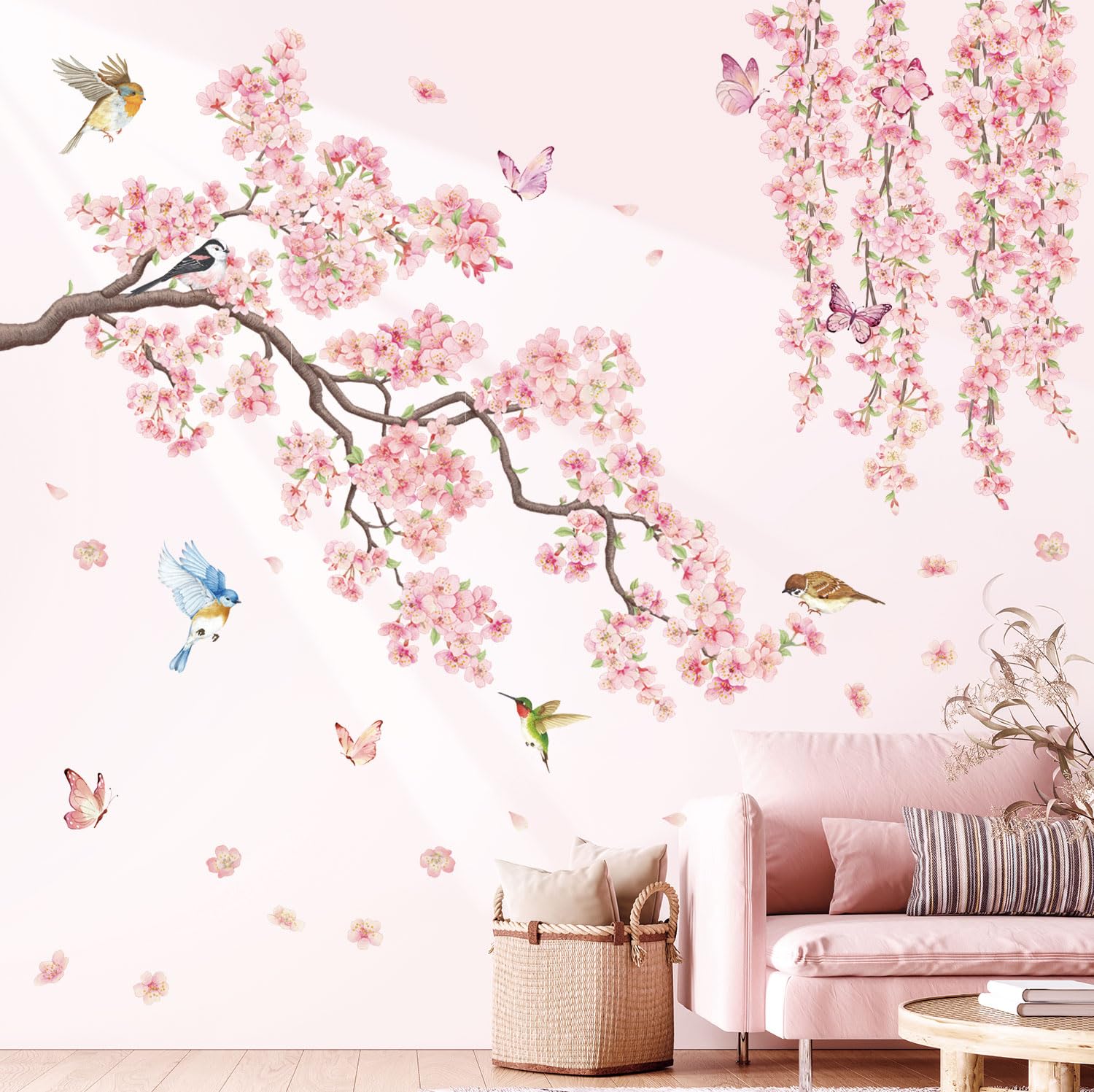 DECOWALL SG3-2320 Cherry Blossom Flower Wall Stickers Pink Hanging Floral Tree Branch Birds Decals Living Room Bedroom Office Home Decor