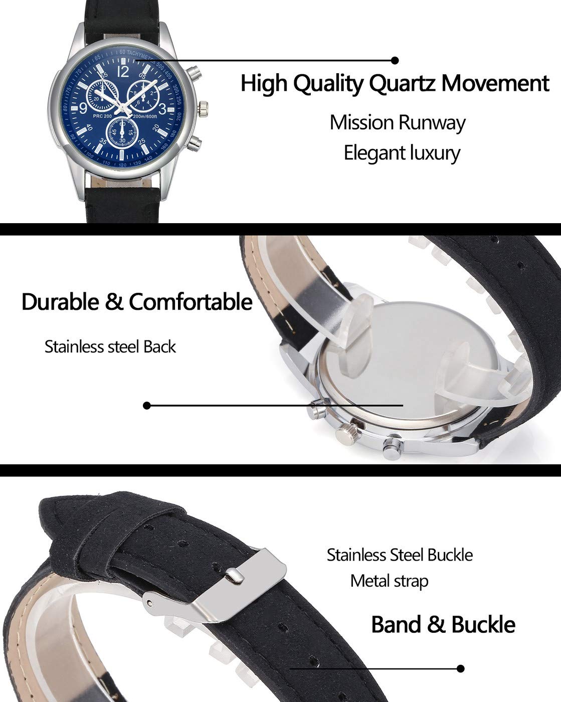 Top Plaza Mens Classic Leather Wrist Watch Casual Big Face Arabic Numerals Silver Case Analog Quartz Business Dress Watches - Black #2