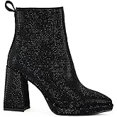 LUMUTA Women's Shiny Rhinestone Boots Block Heel Pointed Toe Glitter Ankle Boots Are Suitable For Date Party Solid Color Booties