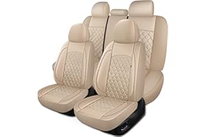 HChengkikz Car Seat Covers Full Set,Breathable and Waterproof Napa Leather Car Seat Cover,Interior Universal Fit for Cars,Sedans,SUVs,Vans,Trucks(Full Seat,Beige,N3)