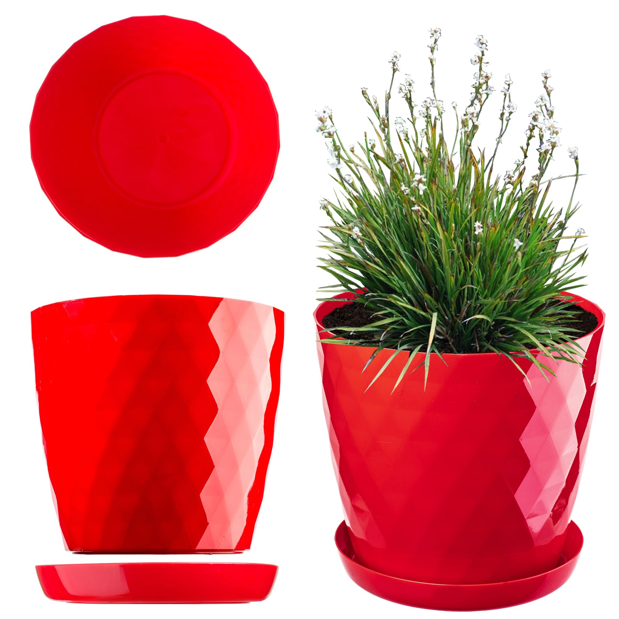KADAX Plastic Flower Pot, Durable Plant Pot with Saucer for Houseplants, Decorative Planter in Several Colours for Indoor Use (Red, 14 cm)