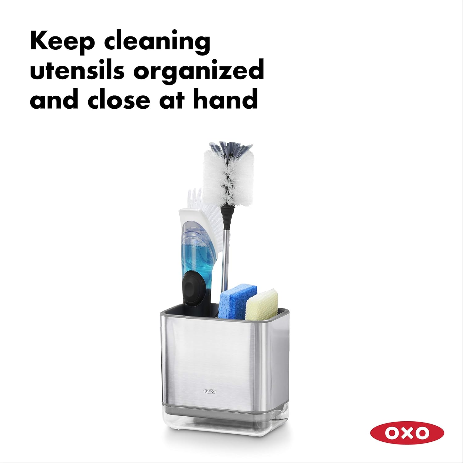 OXO Good Grips Sinkware Caddy, Stainless Steel, Compact, Ventilated Divider, Removable Drip Tray with Pour Spout, Silver - Image 3