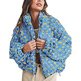 Yoawdats Womens Cute Sherpa Fleece Jacket Fuzzy Zip Up Checkered Cropped Going Out Jacket Teddy Fluffy Casual Outerwear