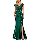 Miusol Women's Vintage V-Neck Slim Style Ruffle Split Evening Formal Maxi Dress
