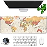 Desk Mat, Yellow Vintage World Map Extended Gaming Mouse Pad Large, 31.5"x11.8" Big Mouse Pad with Non-Slip Base and Stitched Edge, Long Computer Keyboard Mouse Mat for Home Office Work
