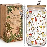 Mushroom Iced Coffee Clear Glass Cups with Bamboo Lids and Straw Gifts for Mushroom Lovers Women Mom, Perfect Mother Birthday Gifts for Mushrooms Wild Flowers Lovers Women Mom Best friend Wife