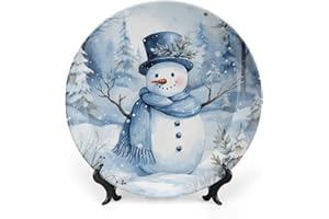 GOKAYS Christmas Decorative Plates for Home Party, A Snowman w/ Blue Hat And Scarf Is Standing in The Snow Decor Tray for Table Display, Ceramic Dinner Plate W/ Stand, Living Room Decor, Xmas Gifts, 8 Inch
