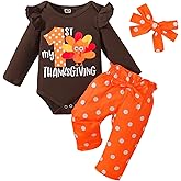 ODIMAME My First Thanksgiving Baby Girl Outfits 1st Thankgiving Gifts Turkey Romper Cute Polka Dot Bell Bottom Pants Headband