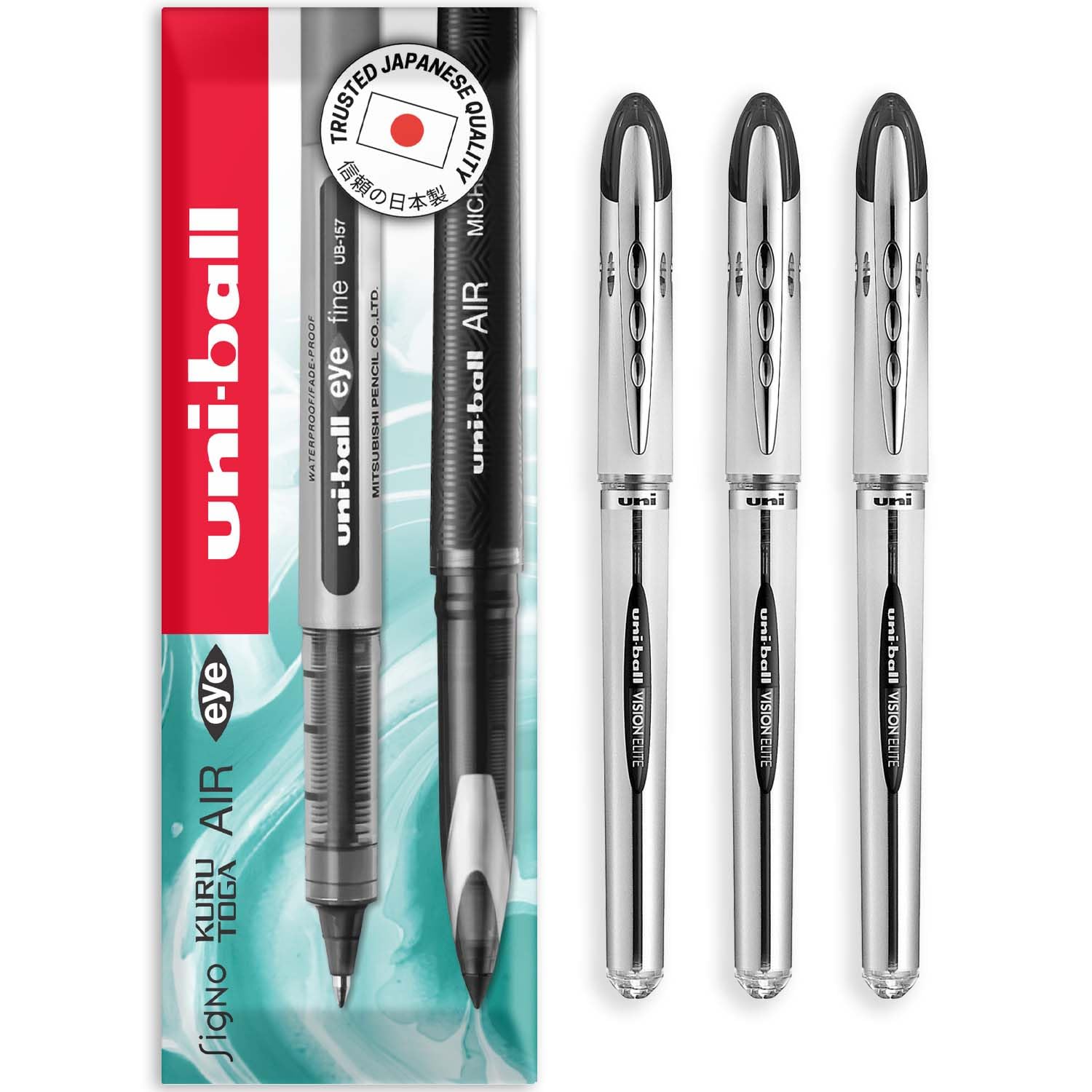 uni-ball Vision Elite - 0.8mm Nib Medium Rollerball Pen - UB-200 - In Envelope Gift Packaging (Pack of 3, Black)