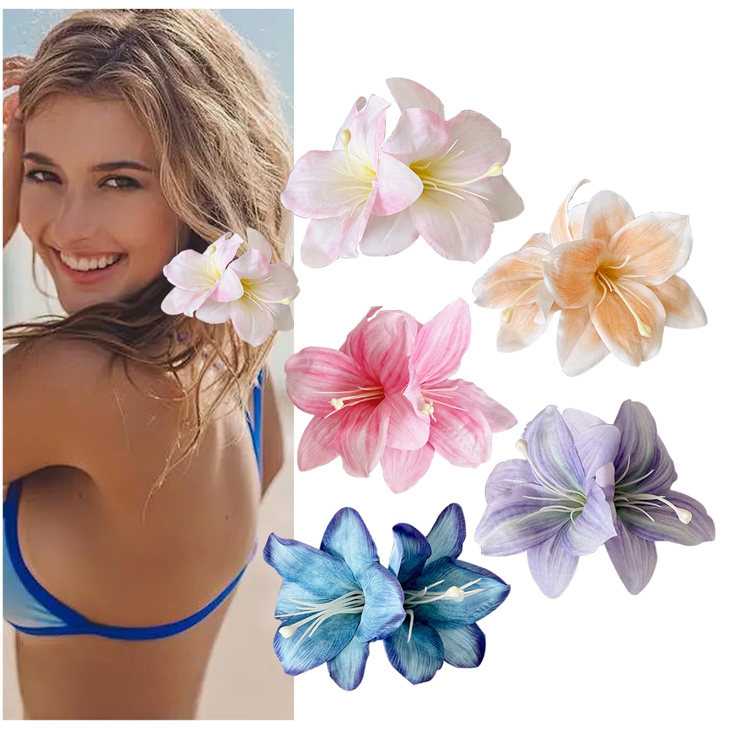 Photo 1 of 5 Pcs Hawaiian Clips Hair for Women, Double Plumeria Flower Hair Clip Artificial Floral Hair Barrettes Accessories Vacation Beach Seaside Wedding Bridal Party