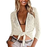 Nulibenna Womens Sheer Shrug Sweaters 3/4 Sleeve Open Front Tie Cardigan Bolero Jacket Lightweight Crochet Knit Cover Up Tops