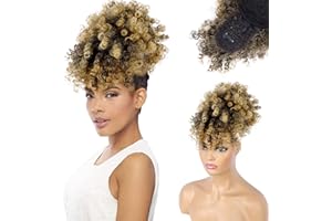 ENTRANCED STYLES Drawstring Ponytail with Bangs Afro Puff Ponytail Extensions for Women Short Curly Puff Ponytail with Bangs Clip in Wrap Updo Hairpiece for Women (T27)