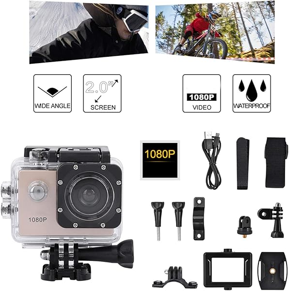 Wosune HD Camera Action Camera Camera with Battery 1080P HD 2inch LCD Screen Sports for Outdoor Indoorgold