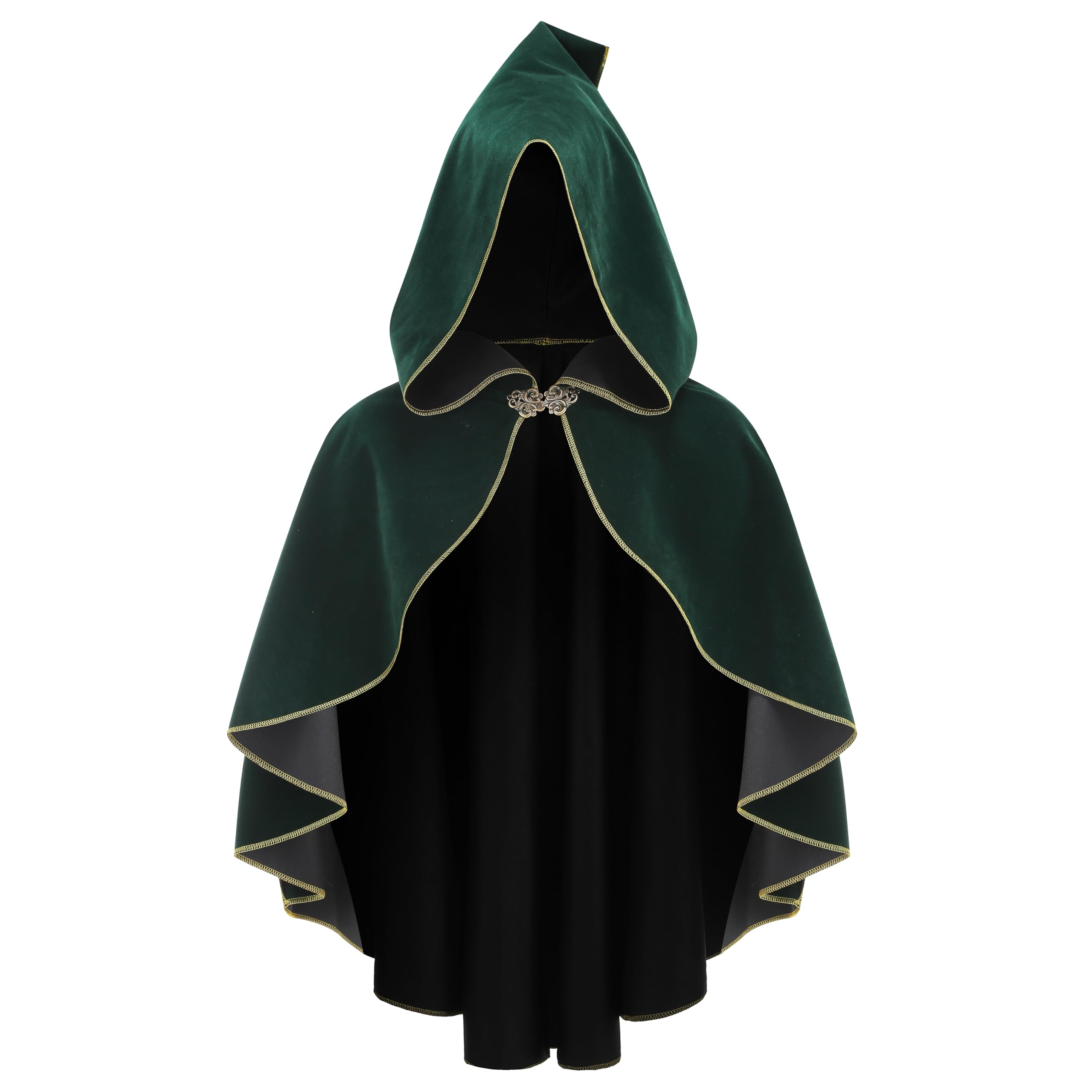 DELIVESS Women's Renaissance Medieval Short Cape with Hood Velvet Gold Trim Victorian Hobbit Costume Halloween Cosplay LARP Party(21.65", Green)