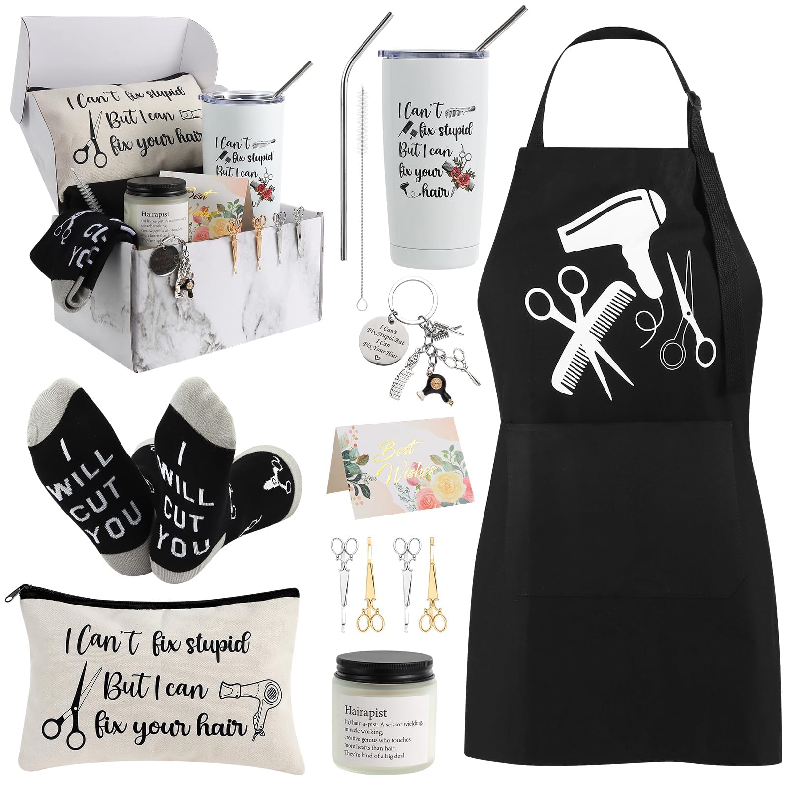 Photo 1 of 10 Pieces Hairdresser Gifts Set for Women Hair Stylist Appreciation Gift Set with Tumbler,Socks,Makeup Bag,Keychain,Candle,Scissor Hair Clips,Apron,Greeting Card (Tumbler)