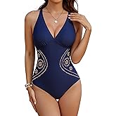 Blooming Jelly Womens Tummy Control One Piece Swimsuit V Neck Slimming Bathing Suits Cut Out Color Block Swim Suits